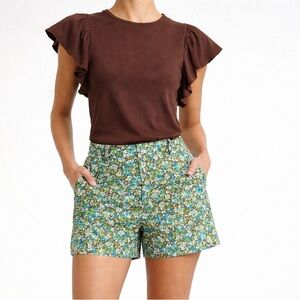 Willi Smith Floral Print Mini Shorts Turquoise, Brown, Green, White - Size 2